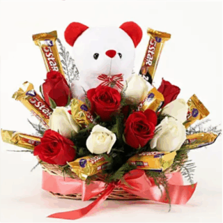 Roses With Teddy & Choco Basket