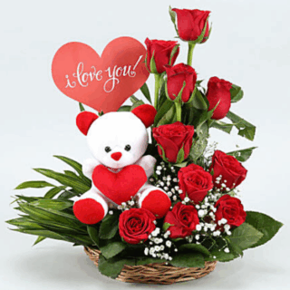 Red Roses Arrangement With Love Tag & Teddy